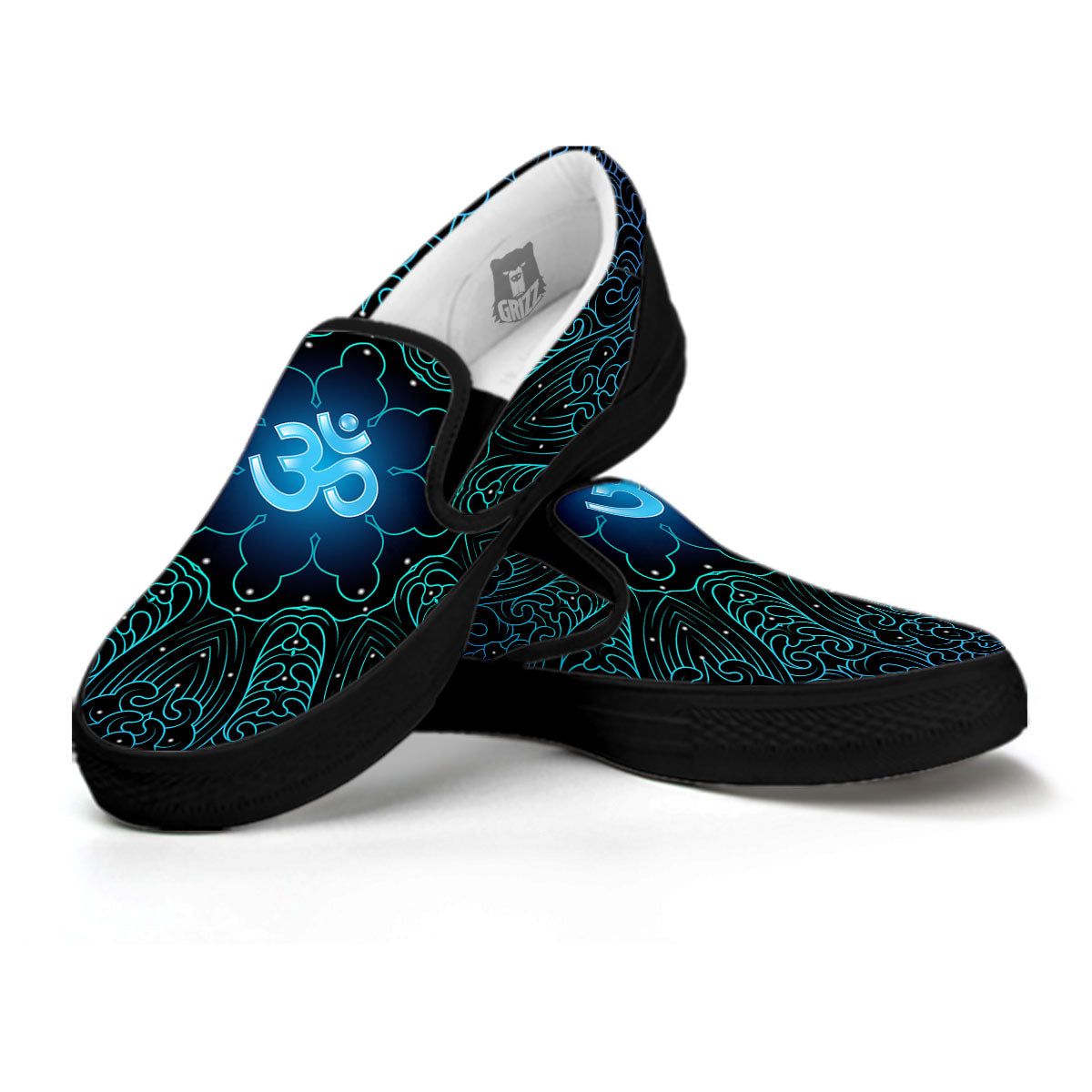 Om Psychedelic Print Black Slip On Shoes-grizzshop