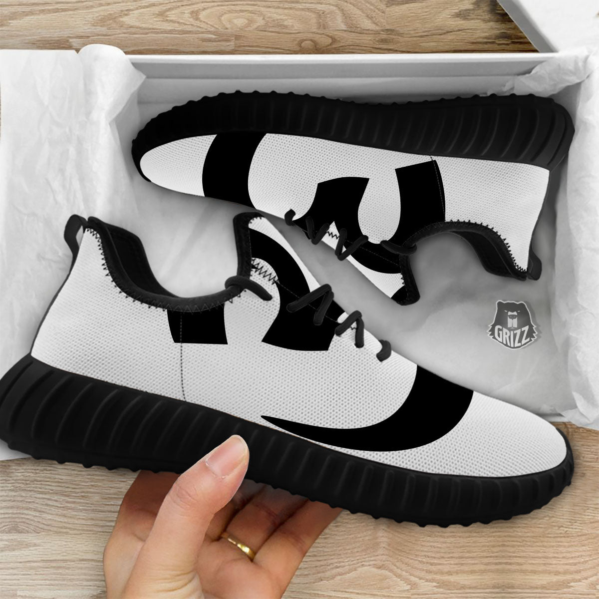 Om White And Black Print Black Walking Shoes-grizzshop