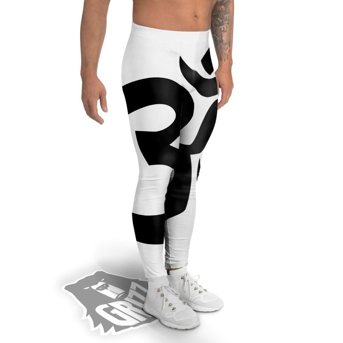Om White And Black Print Men's Leggings-grizzshop