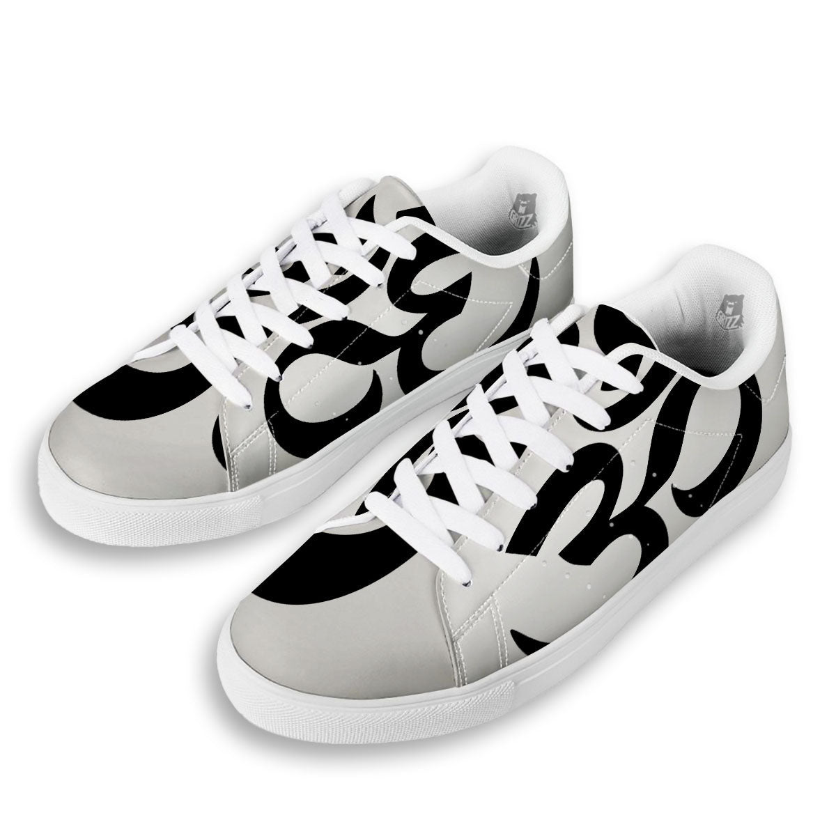 Om White And Black Print White Low Top Sneakers-grizzshop