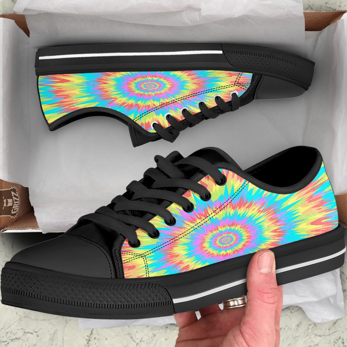 Optical Illusion Colorful Psychedelic Black Low Top Shoes-grizzshop