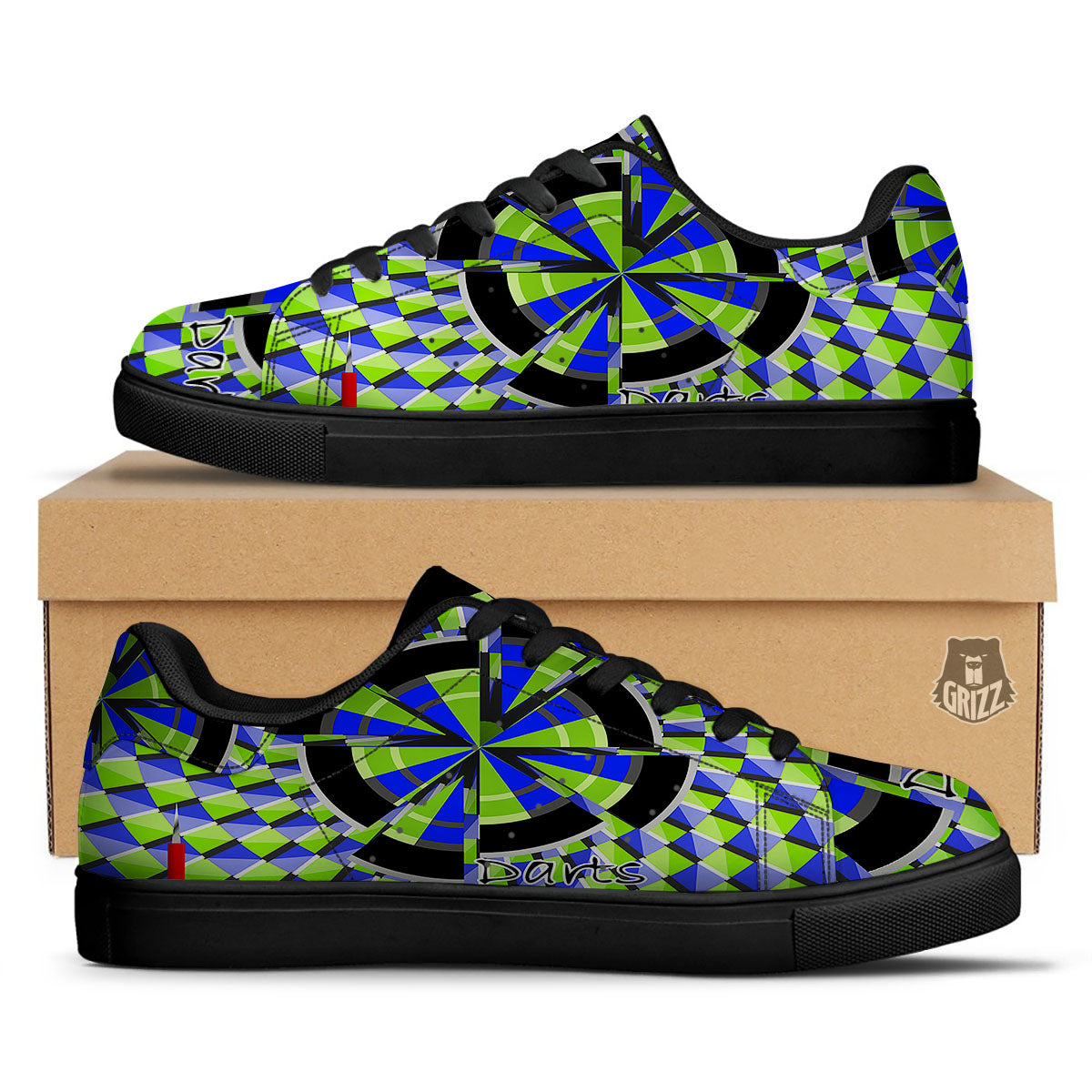 Optical Illusion Dartboard Moving Black Low Top Sneakers-grizzshop