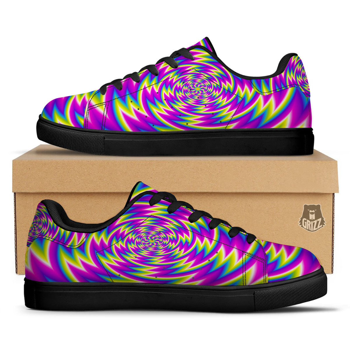 Optical Illusion Moving Dizzy Spiral Black Low Top Sneakers-grizzshop