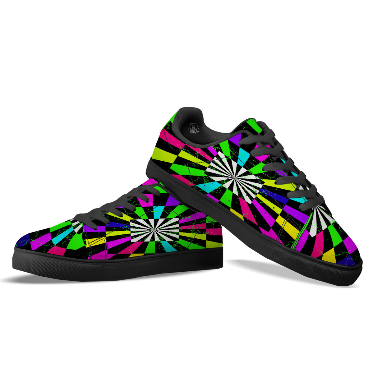 Optical Illusion Neon Abstract Print Black Low Top Sneakers-grizzshop