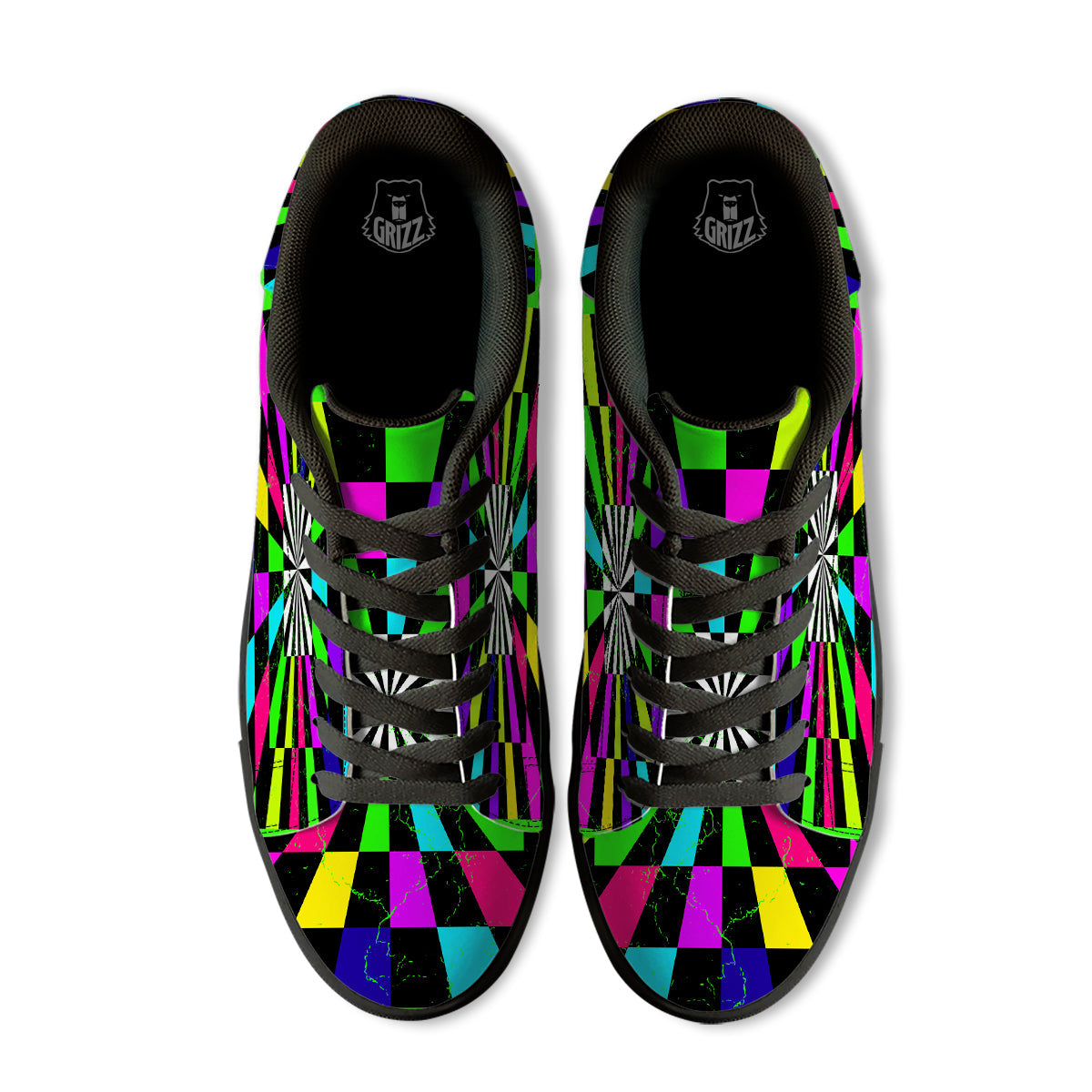 Optical Illusion Neon Abstract Print Black Low Top Sneakers-grizzshop