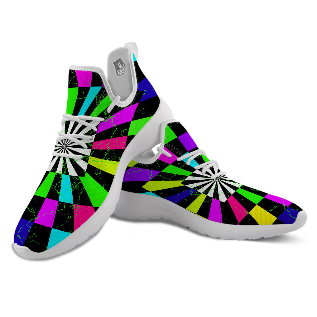Optical Illusion Neon Abstract Print White Athletic Shoes-grizzshop