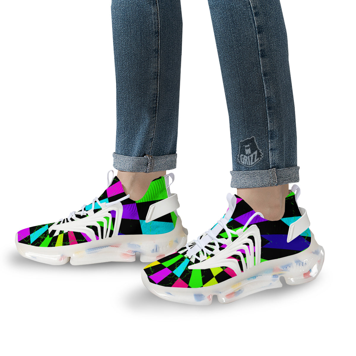 Optical Illusion Neon Abstract Print White Gym Shoes-grizzshop