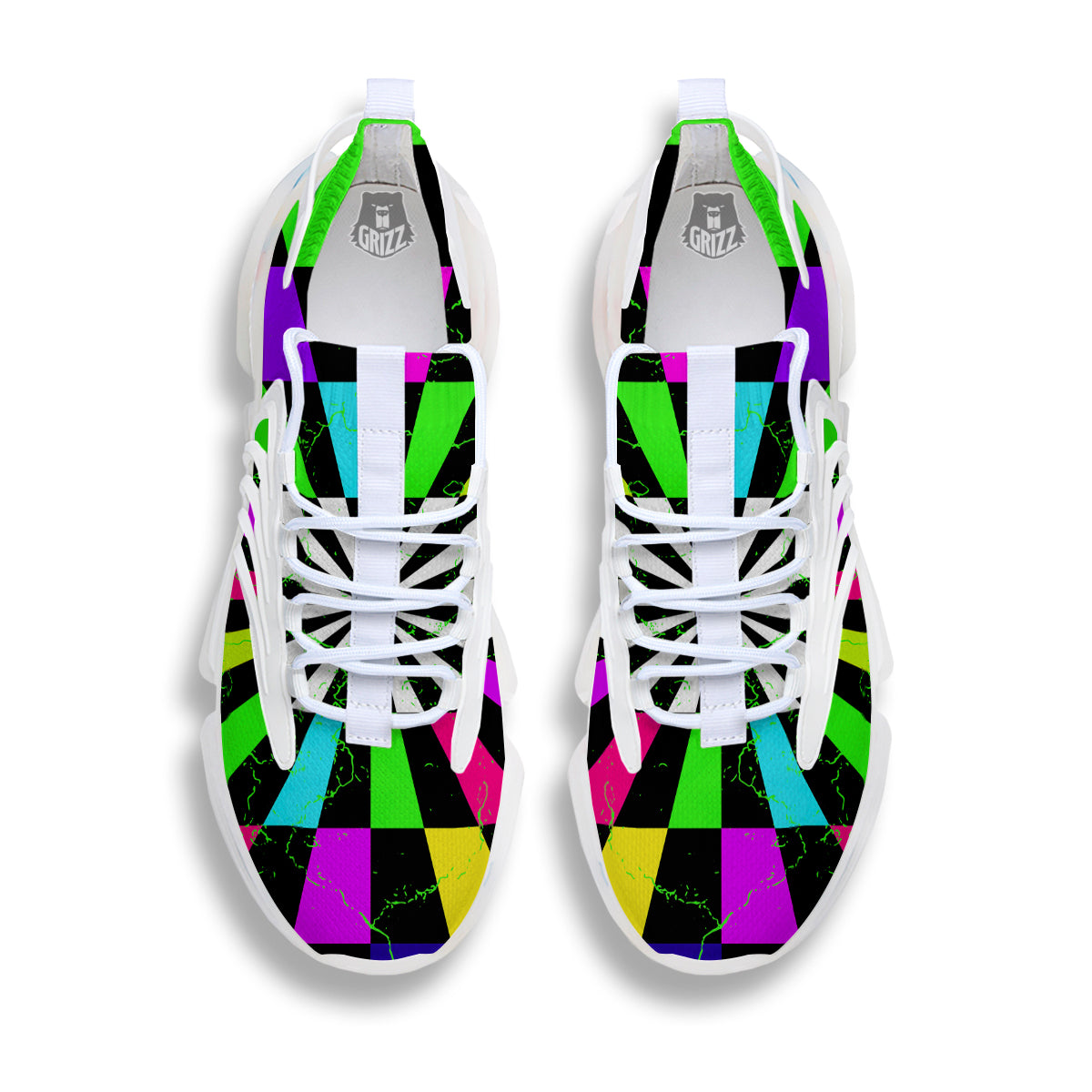 Optical Illusion Neon Abstract Print White Gym Shoes-grizzshop