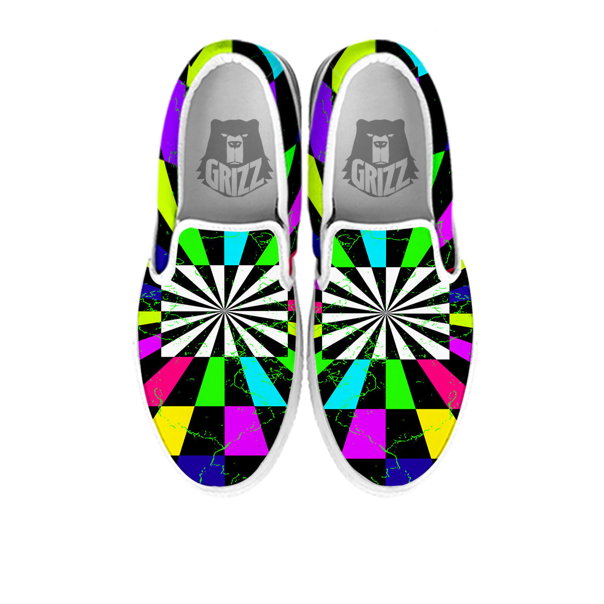Optical Illusion Neon Abstract Print White Slip On Shoes-grizzshop