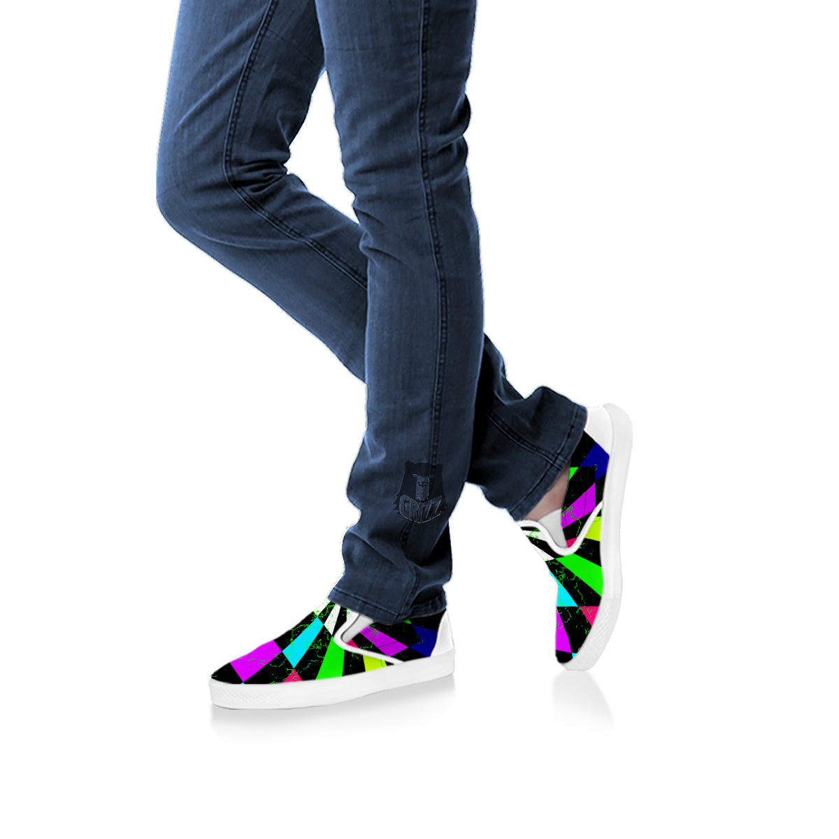 Optical Illusion Neon Abstract Print White Slip On Shoes-grizzshop