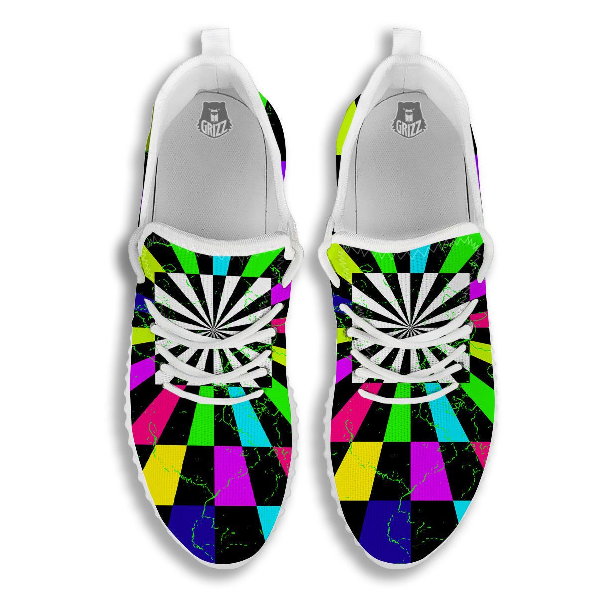 Optical Illusion Neon Abstract Print White Walking Shoes-grizzshop