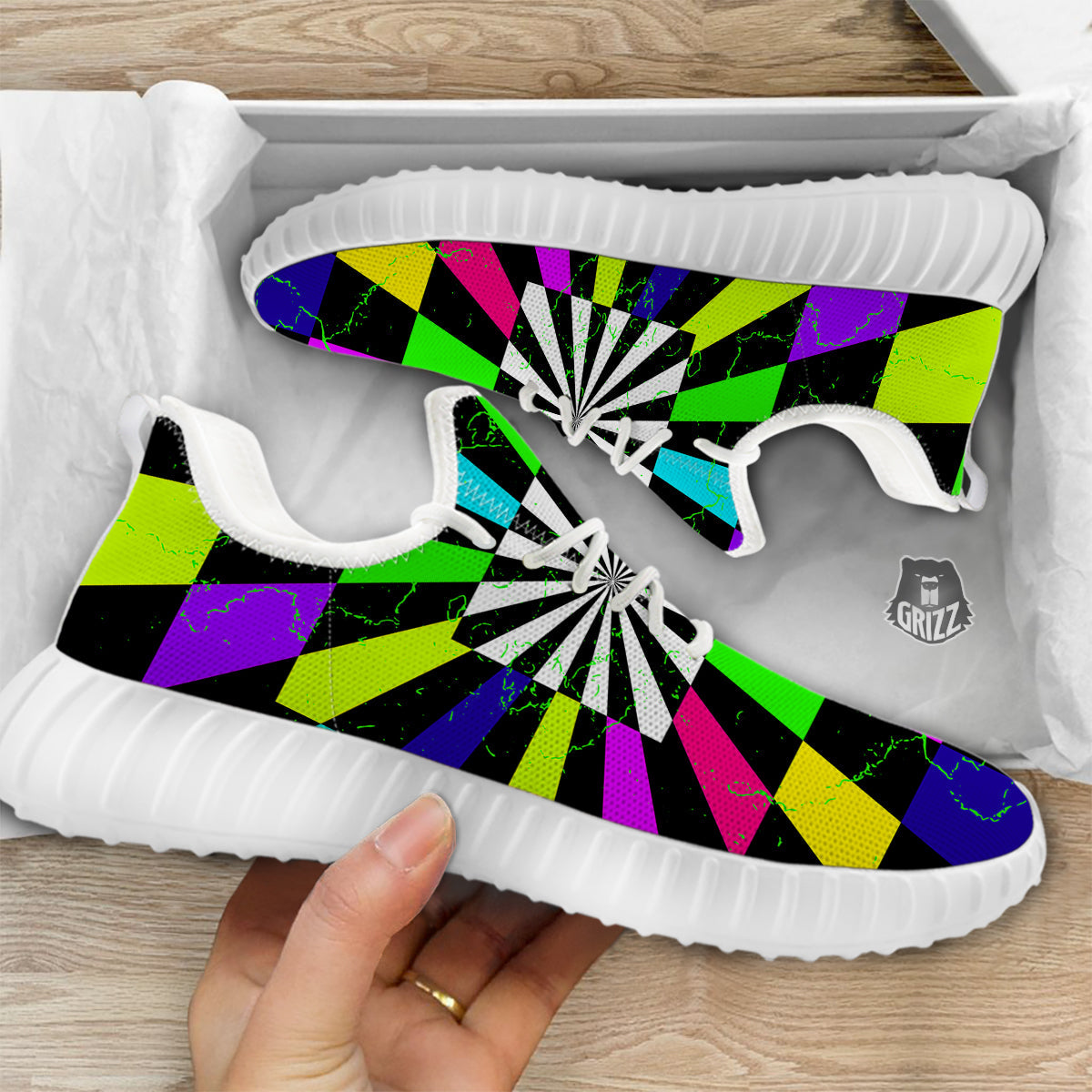 Optical Illusion Neon Abstract Print White Walking Shoes-grizzshop