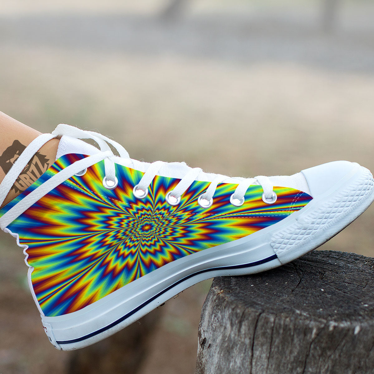 Optical Illusion Neon Psychedelic White High Top Shoes-grizzshop