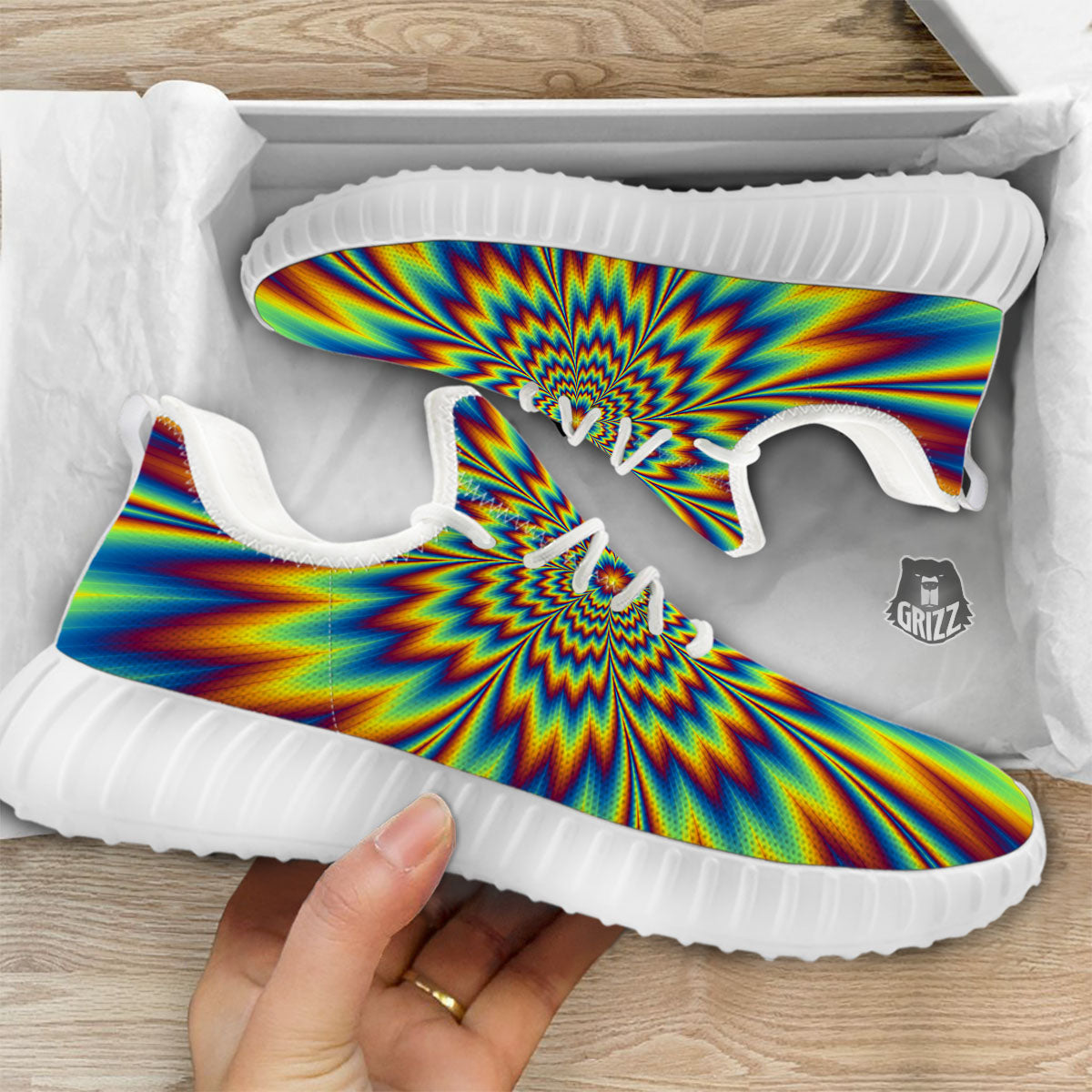 Optical Illusion Neon Psychedelic White Walking Shoes-grizzshop