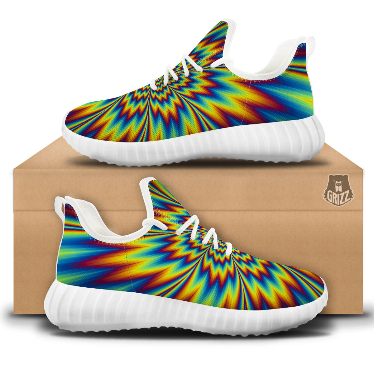 Optical Illusion Neon Psychedelic White Walking Shoes-grizzshop