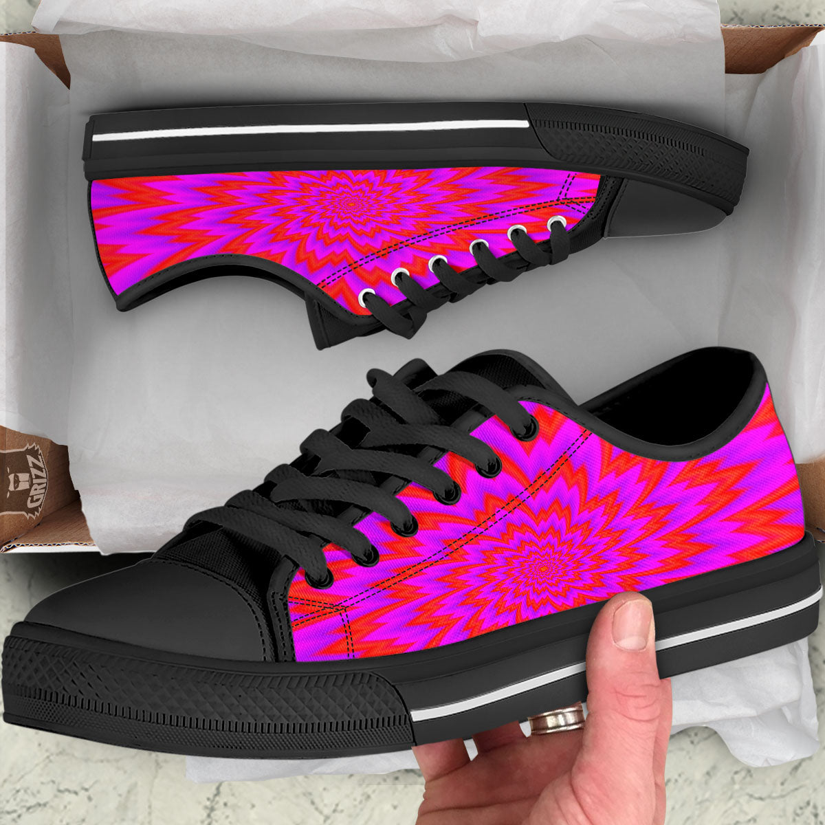 Optical Illusion Spiky Psychedelic Black Low Top Shoes-grizzshop