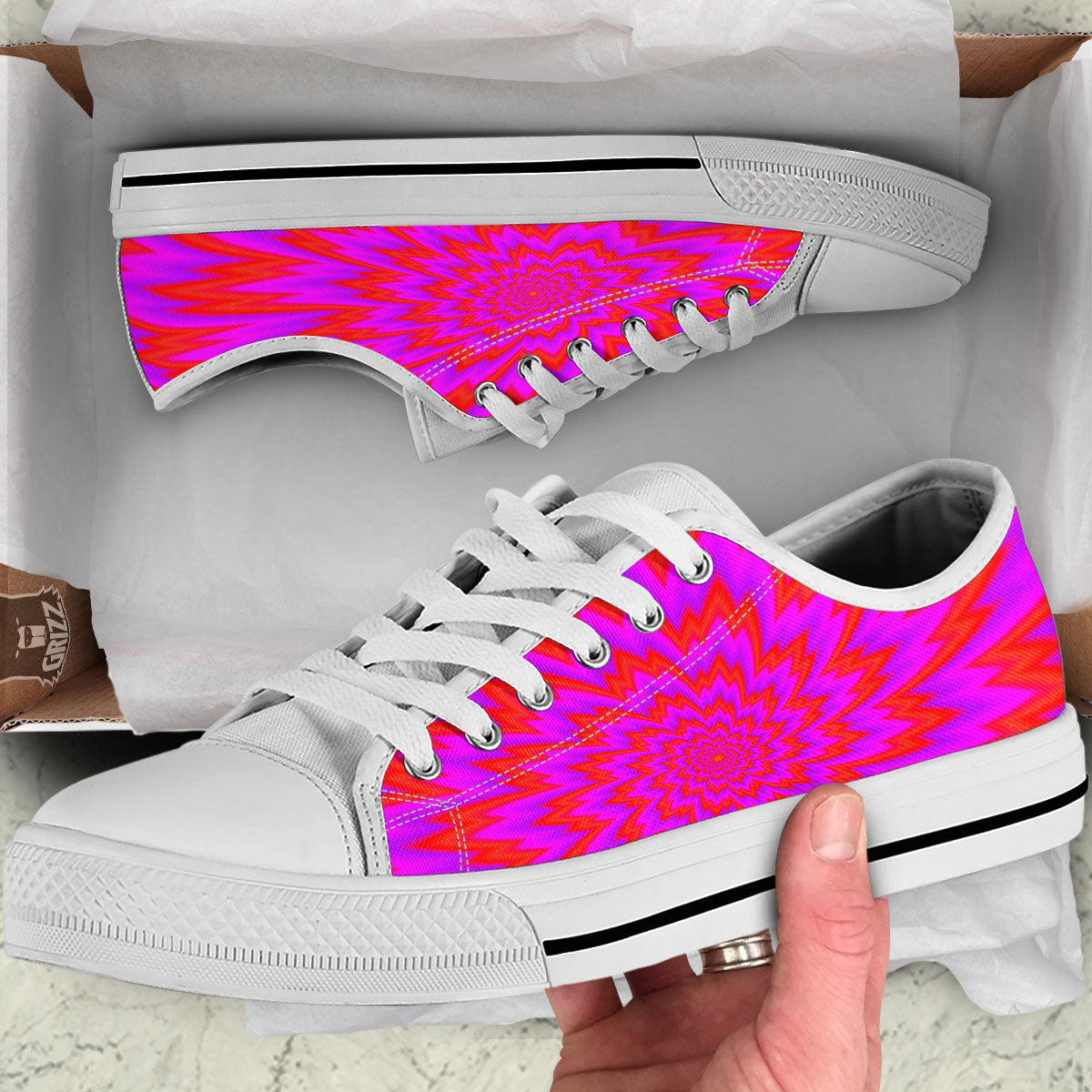 Optical Illusion Spiky Psychedelic White Low Top Shoes-grizzshop
