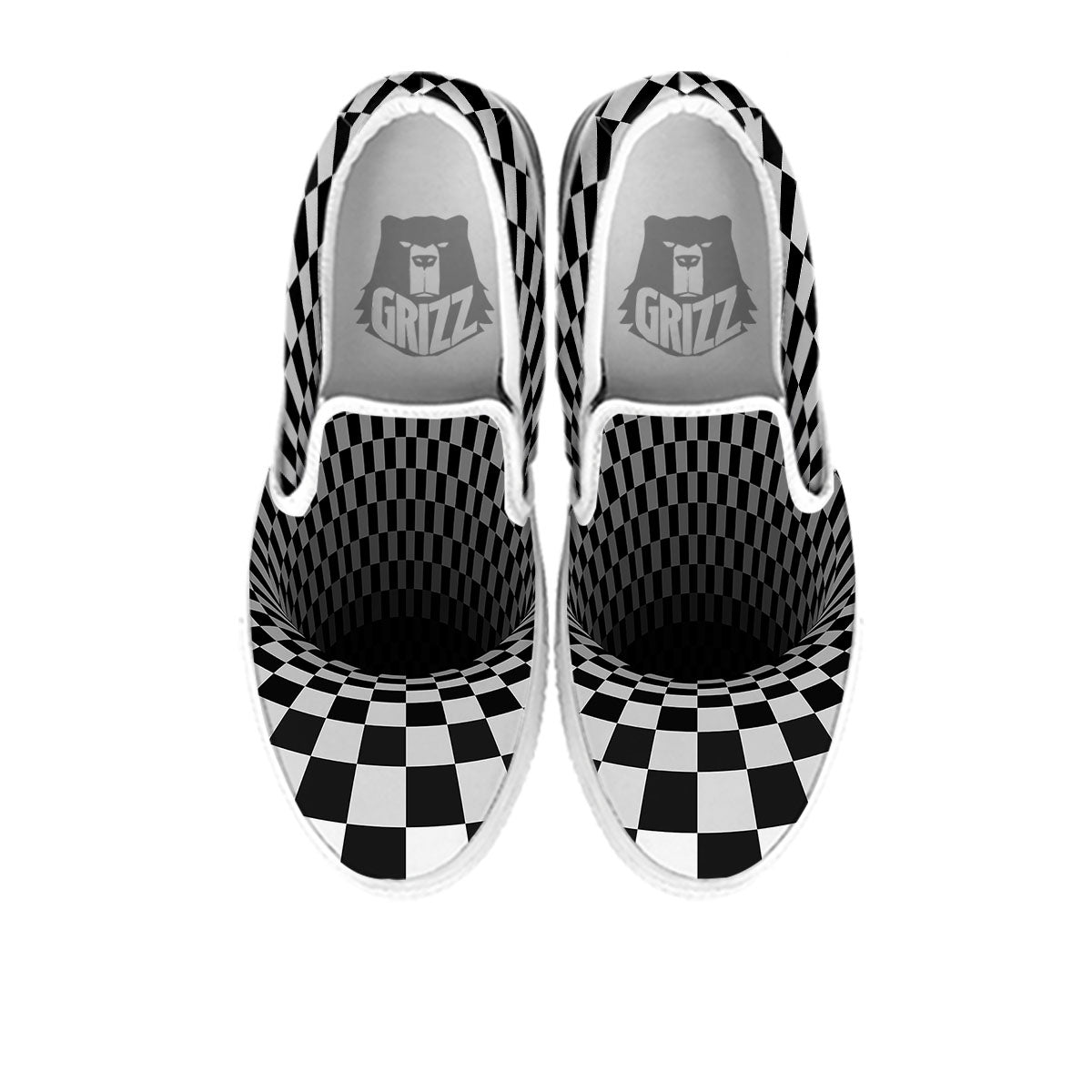 Optical Illusion White And Black Print White Slip On Shoes-grizzshop