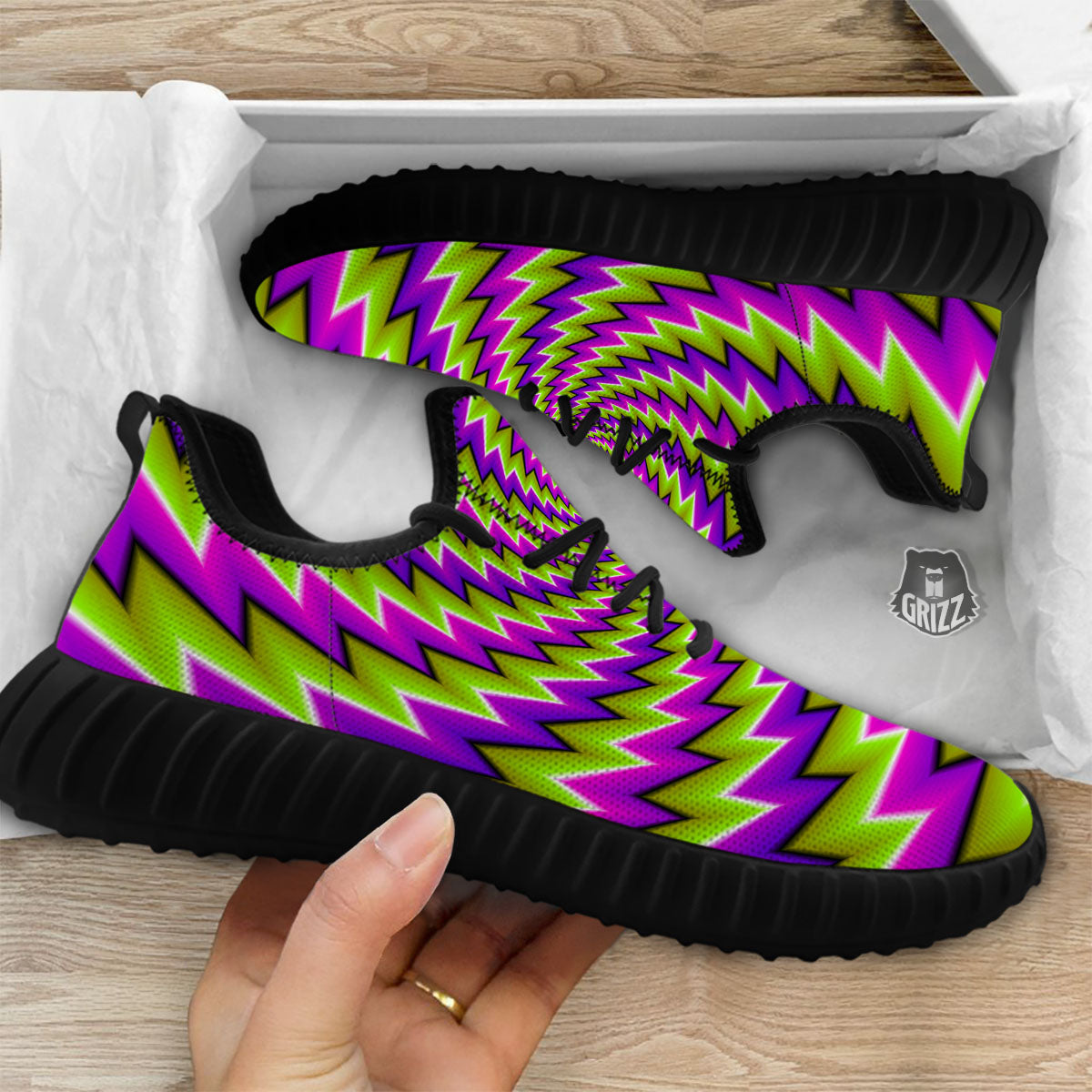 Optical Moving Illusion Abstract Twisted Black Walking Shoes-grizzshop