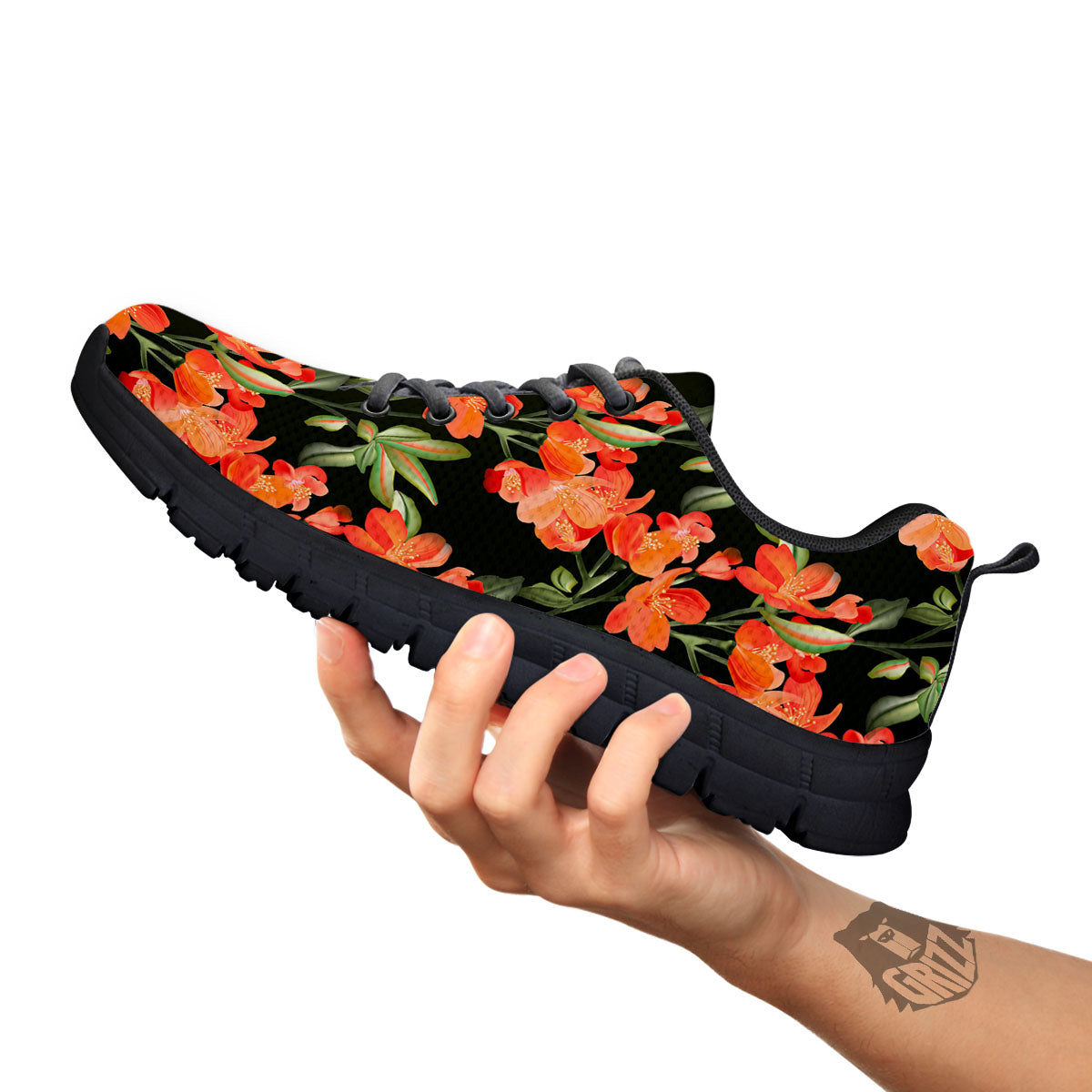 Orange Alstroemeria Print Pattern Black Sneaker-grizzshop