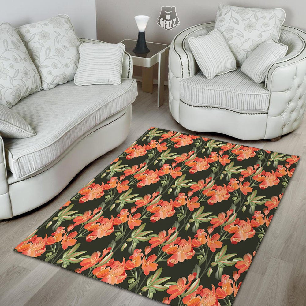 Orange Alstroemeria Print Pattern Floor Mat-grizzshop