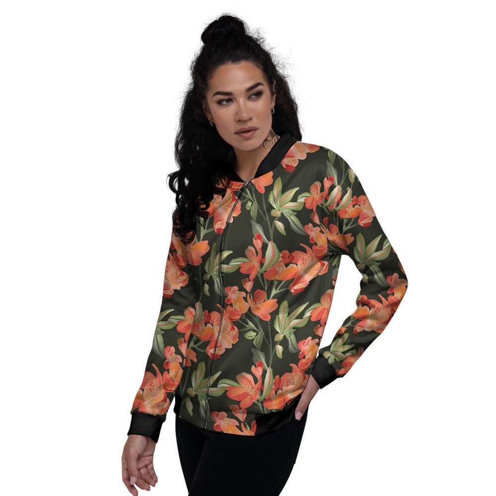 Orange Alstroemeria Print Pattern Women's Bomber Jacket-grizzshop