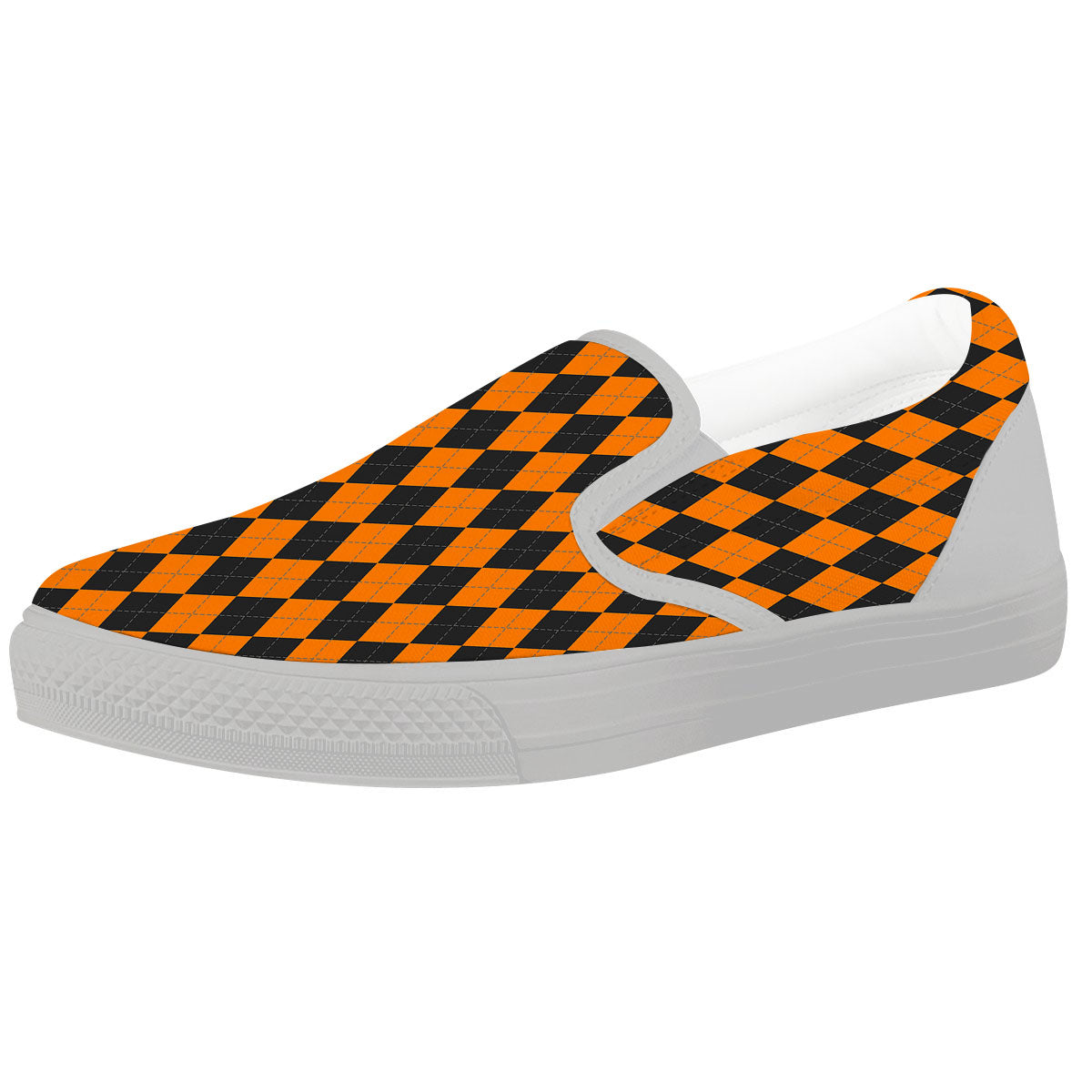 Orange And Black Argyle Print White Slip On Shoes-grizzshop