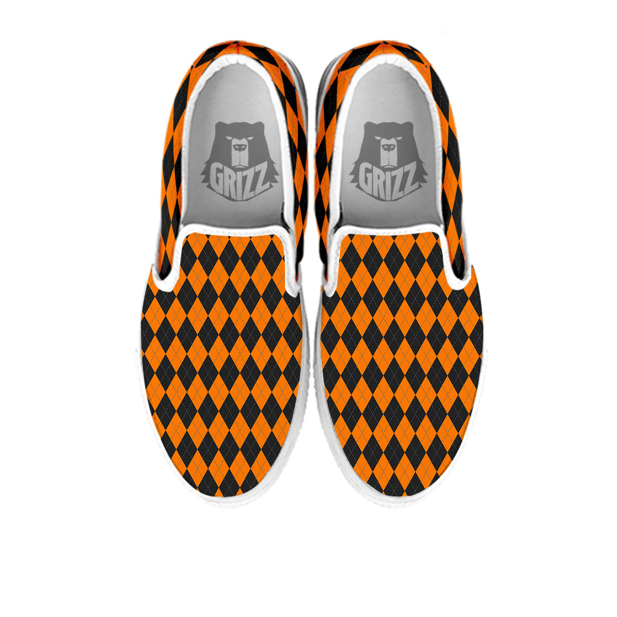Orange And Black Argyle Print White Slip On Shoes-grizzshop