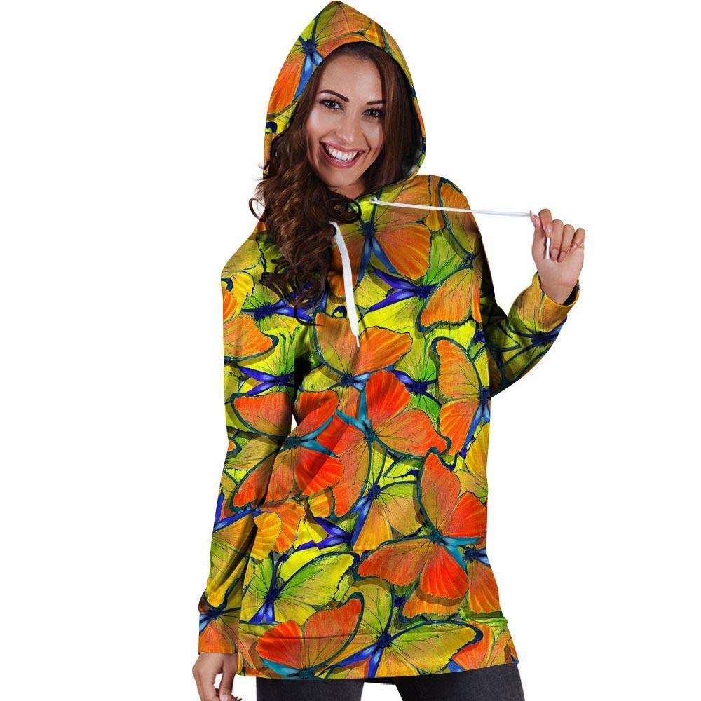 Orange And Blue Butterfly Print Hoodie Dress-grizzshop