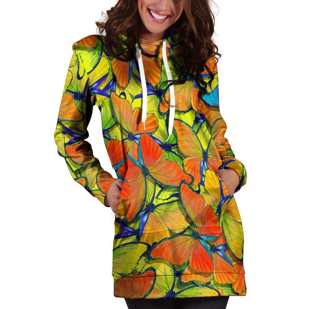 Orange And Blue Butterfly Print Hoodie Dress-grizzshop