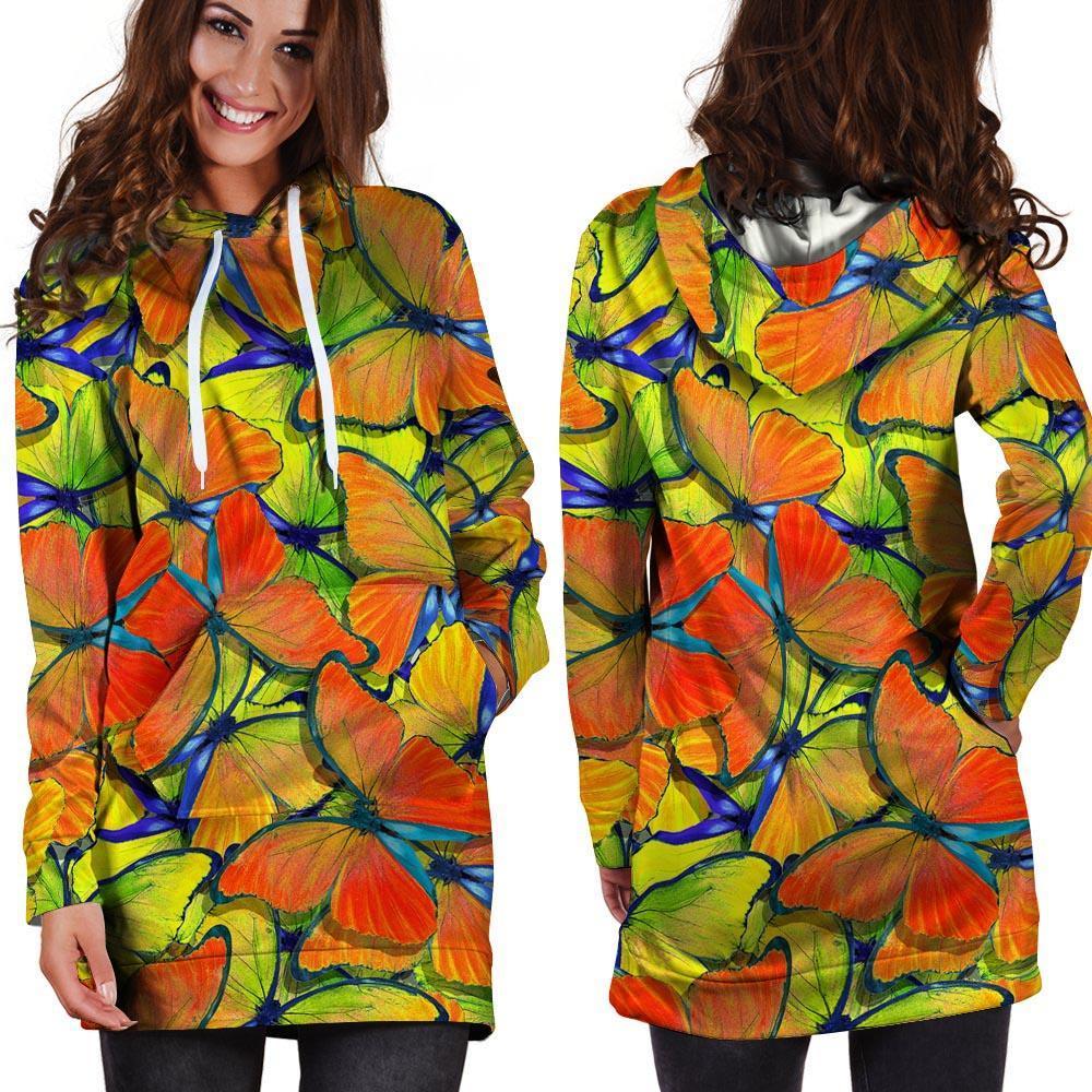 Orange And Blue Butterfly Print Hoodie Dress-grizzshop