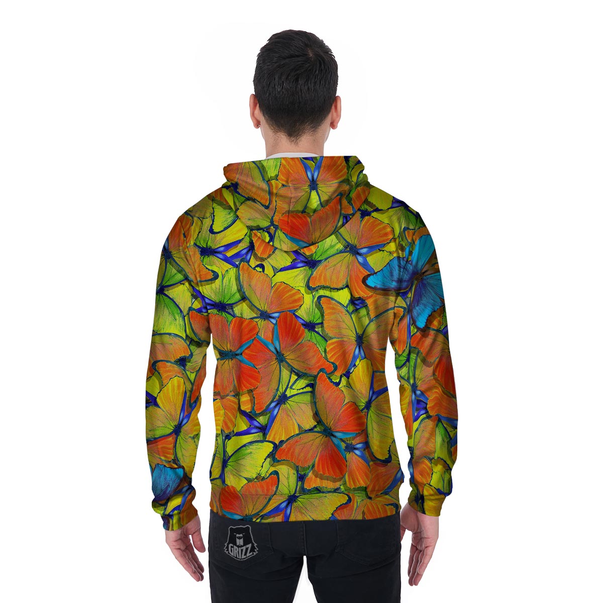 Orange And Blue Butterfly Print Men's Zip Up Hoodie-grizzshop