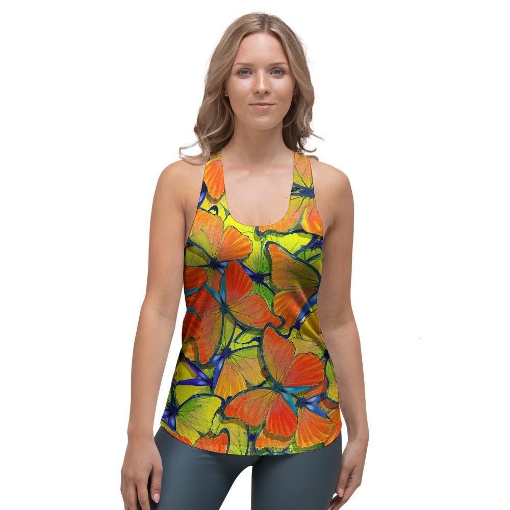 Orange And Blue Butterfly Print Women's Racerback Tank Top-grizzshop