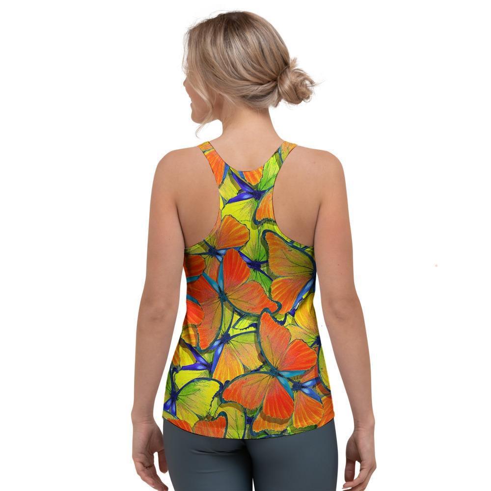 Orange And Blue Butterfly Print Women's Racerback Tank Top-grizzshop