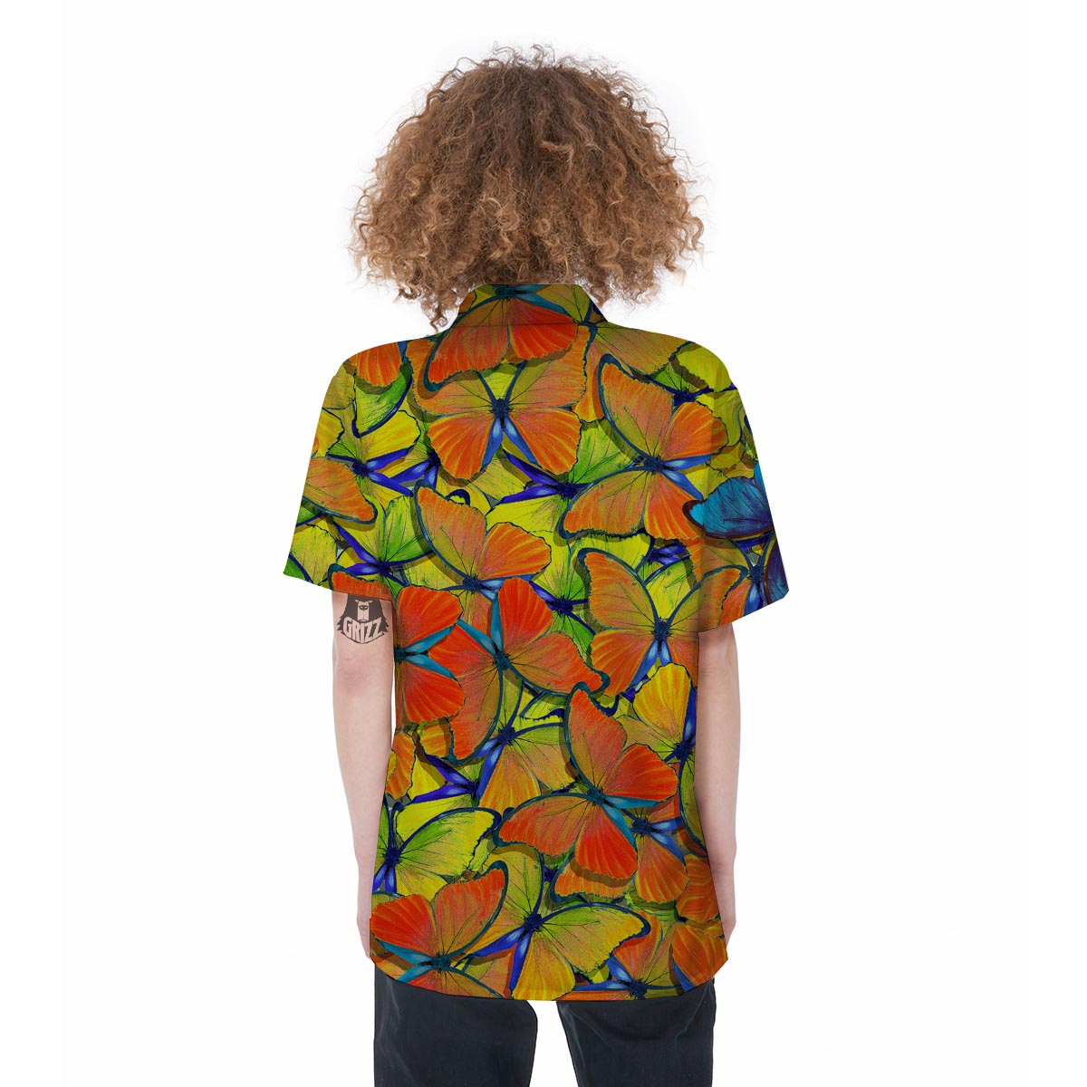 Orange And Blue Butterfly Print Women's Short Sleeve Shirts-grizzshop