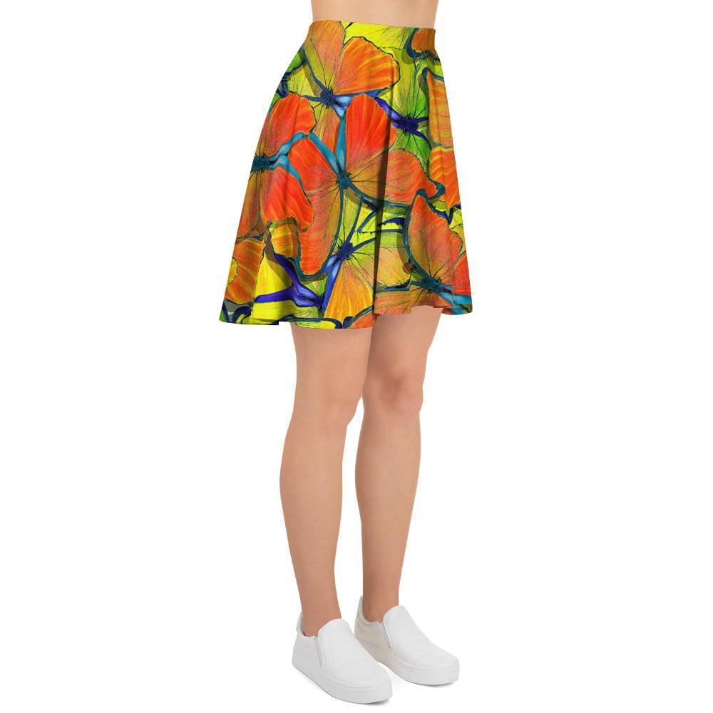 Orange And Blue Butterfly Print Women's Skirt-grizzshop