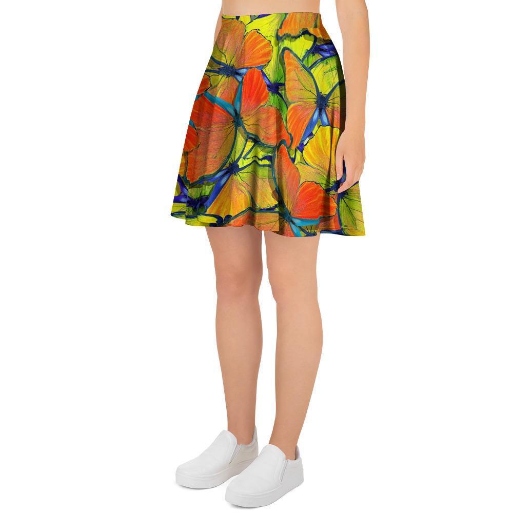 Orange And Blue Butterfly Print Women's Skirt-grizzshop
