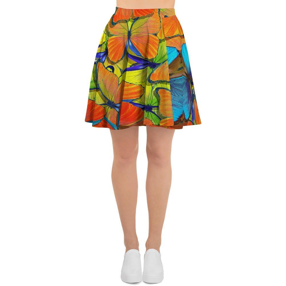 Orange And Blue Butterfly Print Women's Skirt-grizzshop