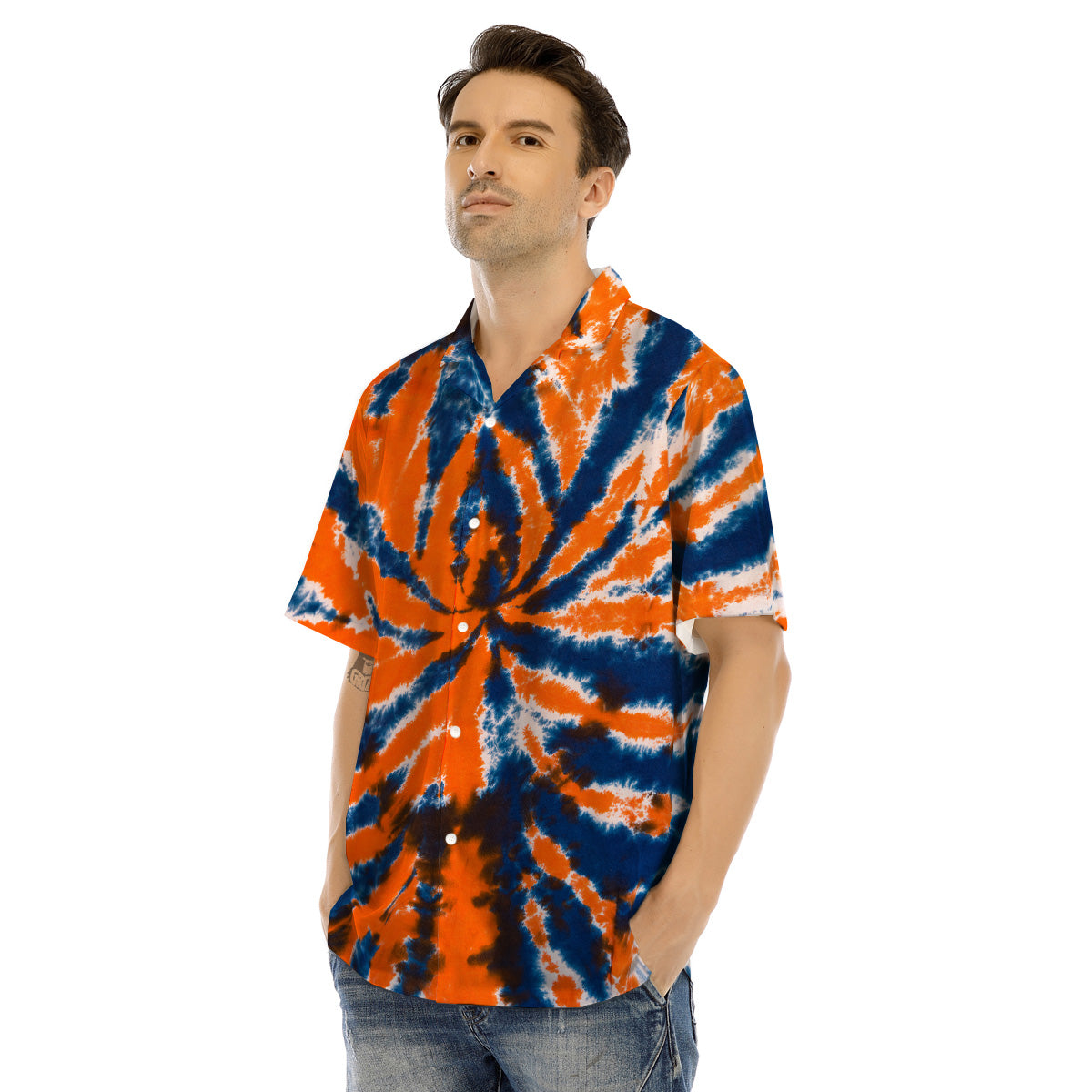Orange And Blue Tie Dye Spider Print Men's Hawaiian Shirt-grizzshop