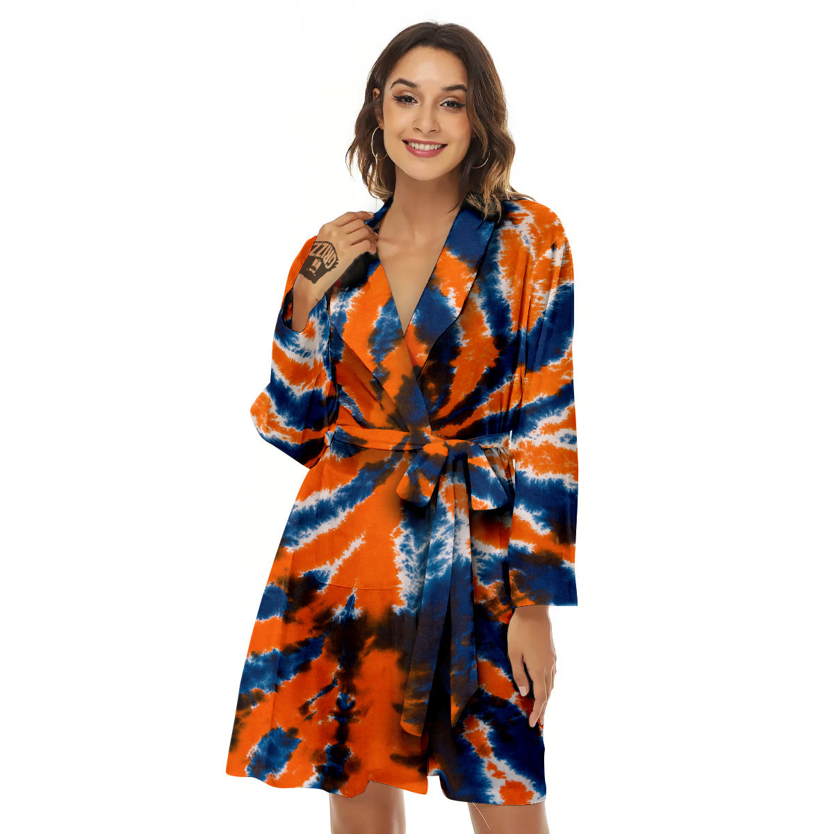 Orange And Blue Tie Dye Spider Print Women's Robe-grizzshop