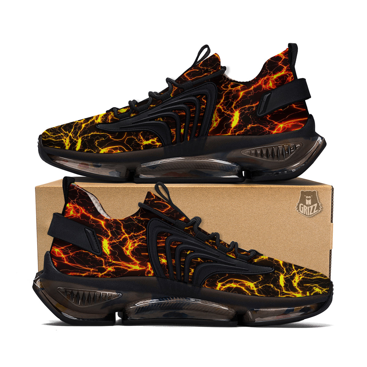 Orange And Gold Lightning Print Black Gym Shoes-grizzshop