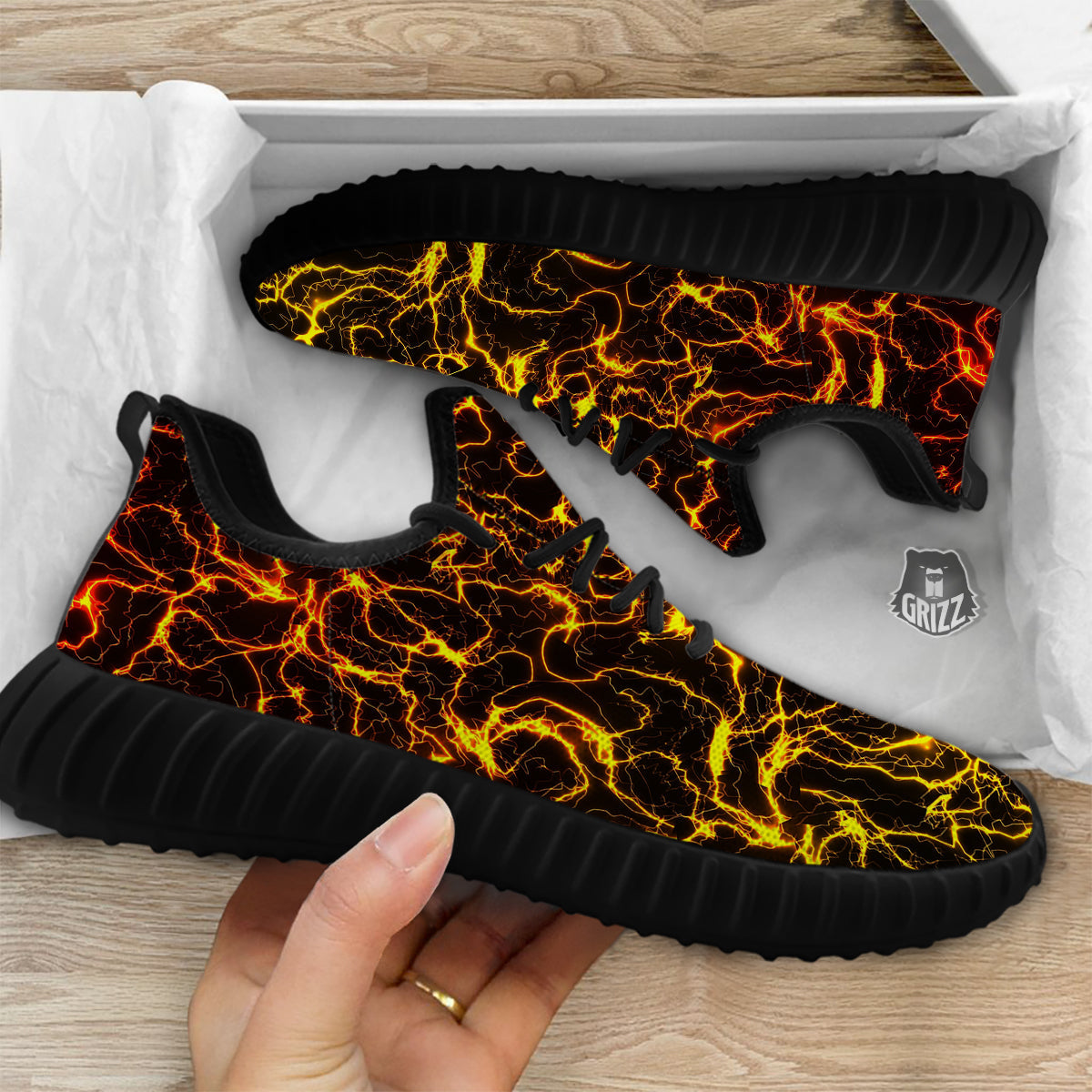 Orange And Gold Lightning Print Black Walking Shoes-grizzshop