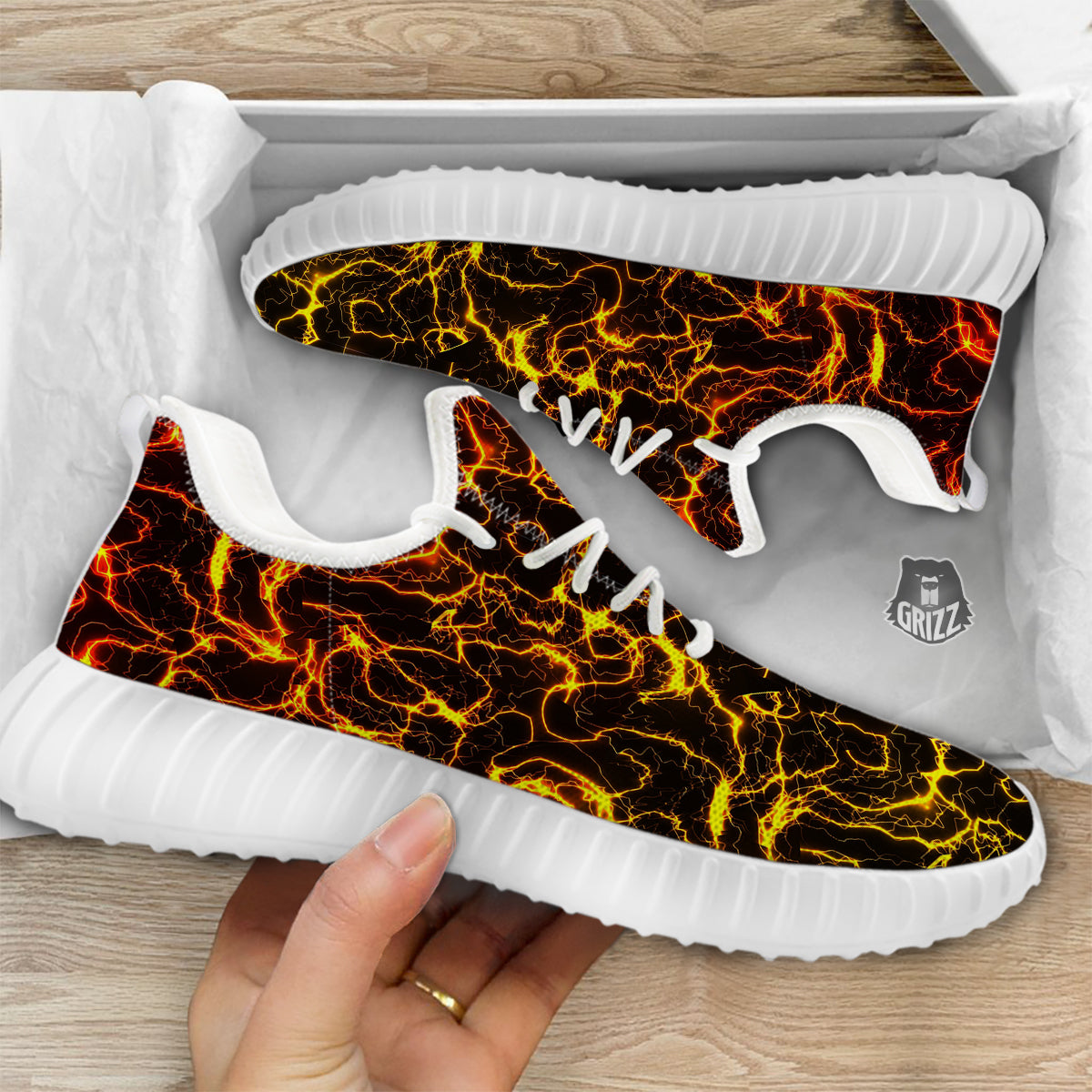 Orange And Gold Lightning Print White Walking Shoes-grizzshop