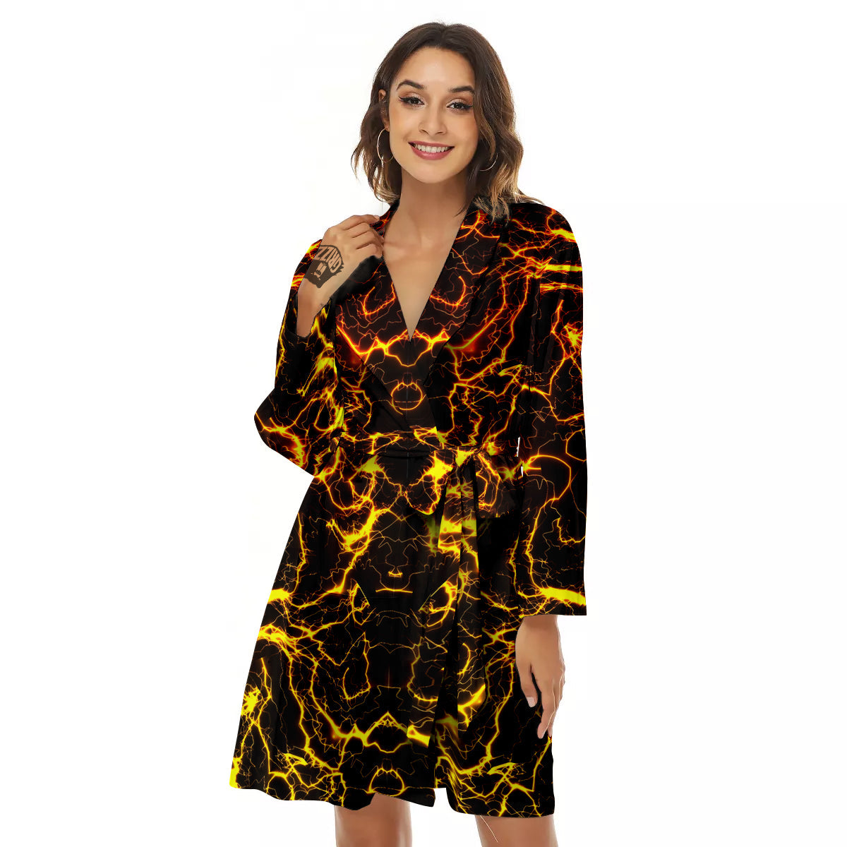 Orange And Gold Lightning Print Women's Robe-grizzshop