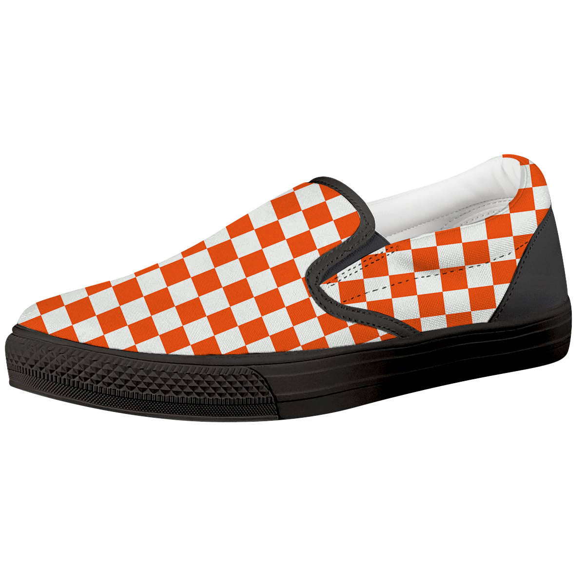 Orange And White Checkered Print Pattern Black Slip On Shoes-grizzshop