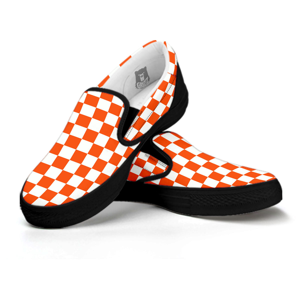 Orange And White Checkered Print Pattern Black Slip On Shoes-grizzshop