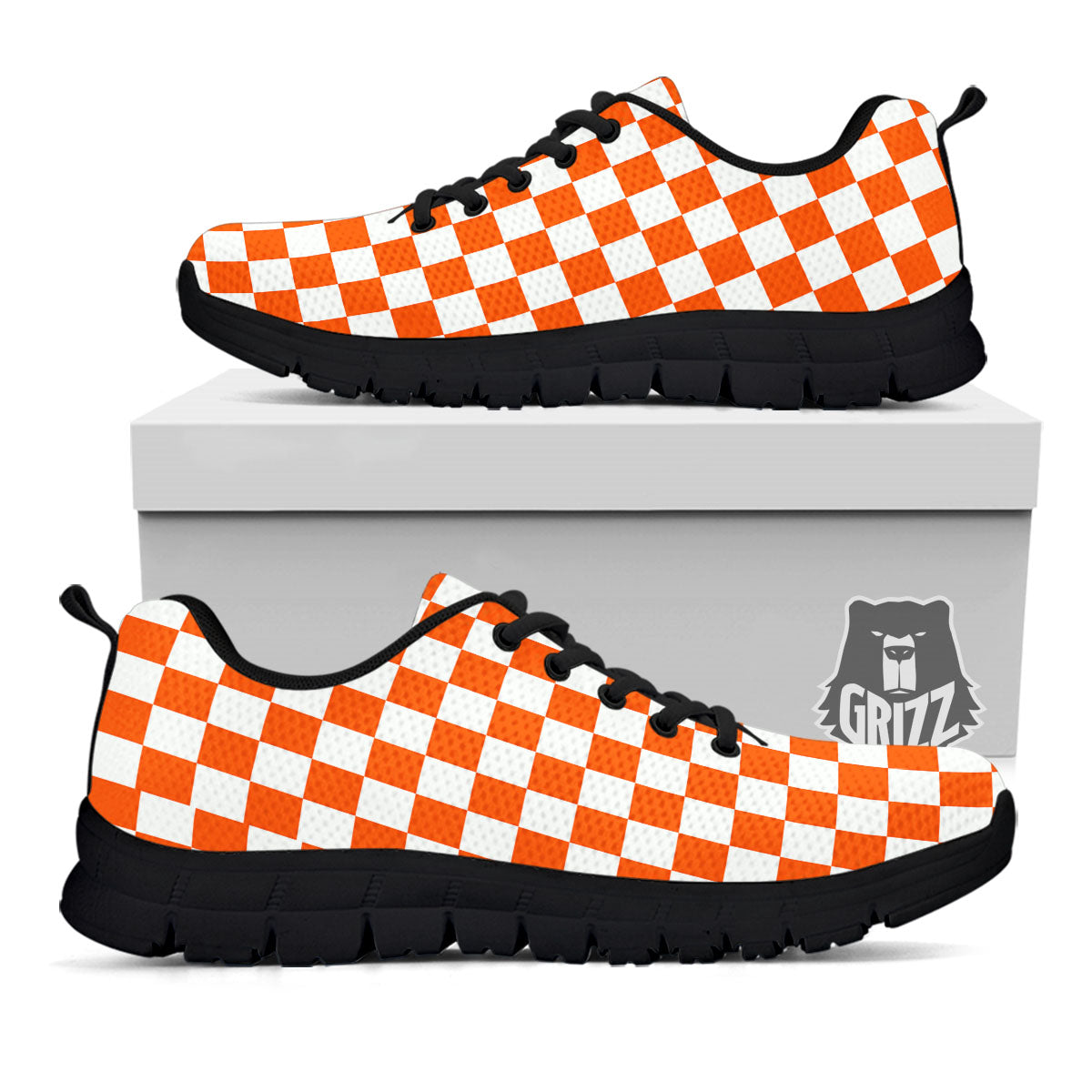 Orange And White Checkered Print Pattern Black Sneaker-grizzshop