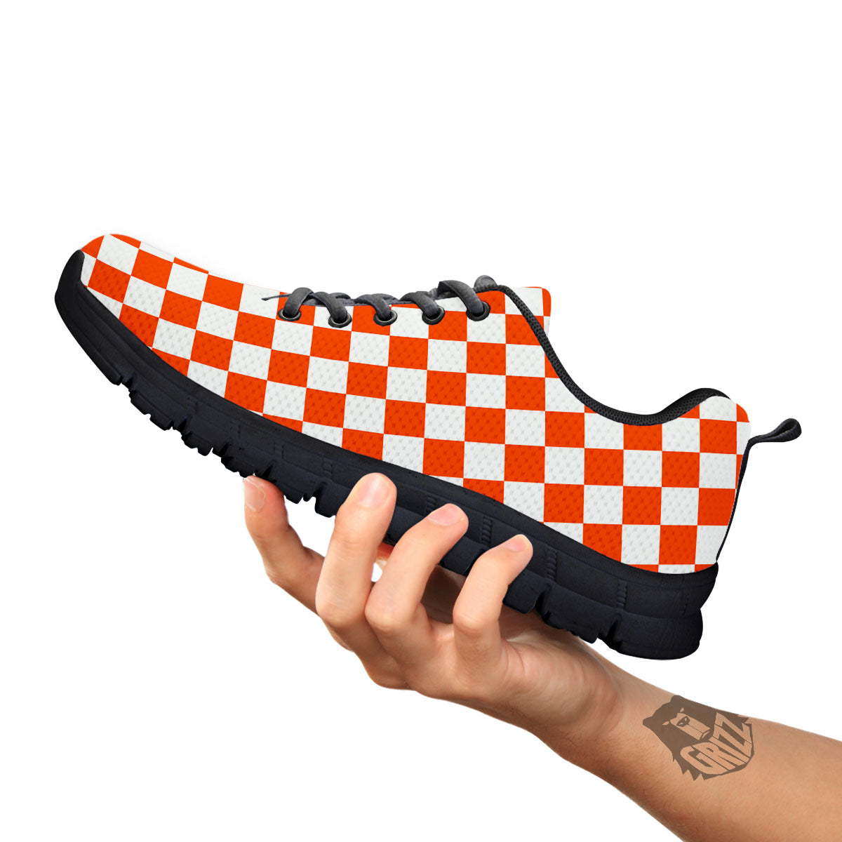 Orange And White Checkered Print Pattern Black Sneaker-grizzshop