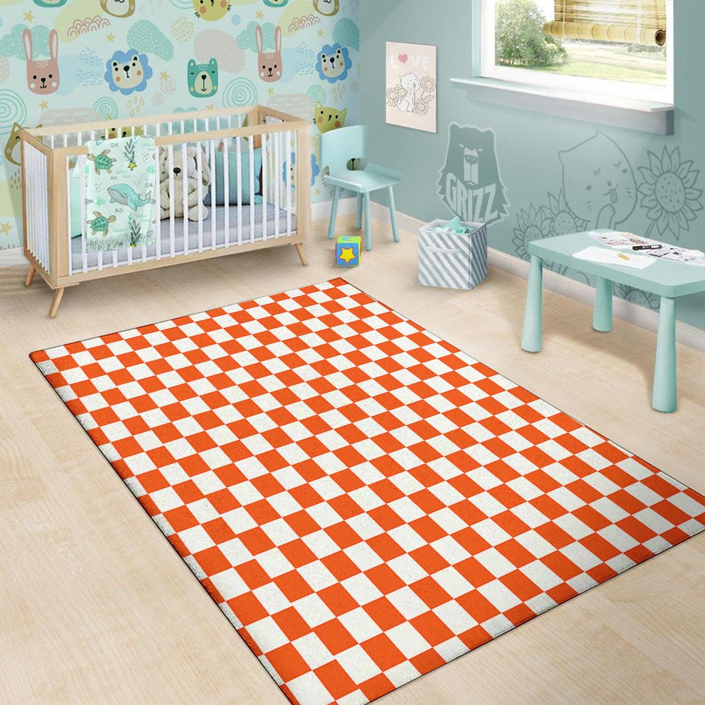 Orange And White Checkered Print Pattern Floor Mat-grizzshop