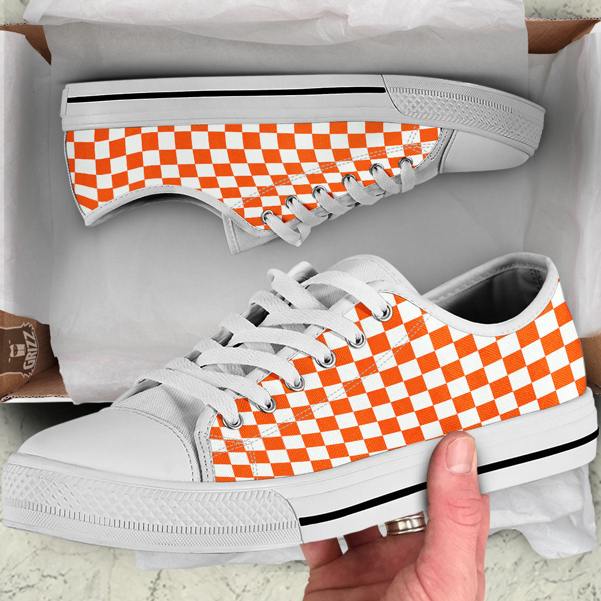 Orange And White Checkered Print Pattern White Low Top Shoes-grizzshop